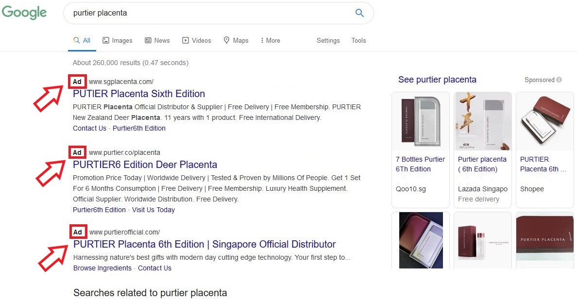 google search fake purtier placenta distributors and websites