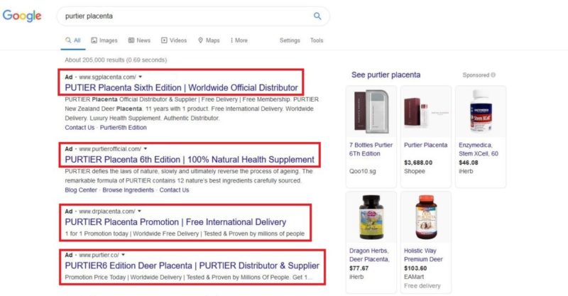 fake websites promoting PURTIER Placenta